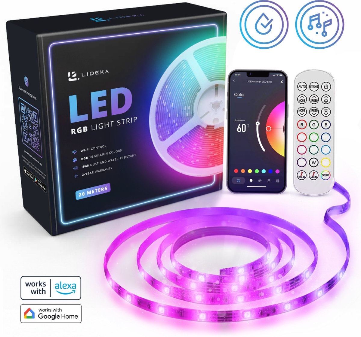 Lideka® - Ruban LED RGBIC 20m - auto-adhésif (4x5m) avec télécommande, Wifi  & App 