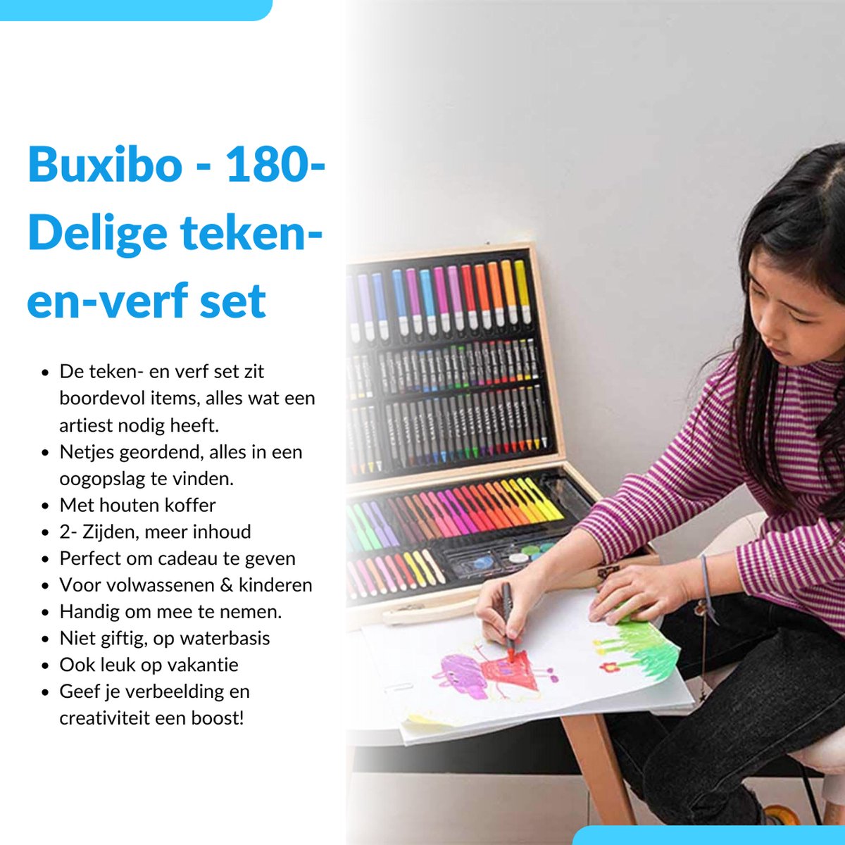 Buxibo Luxe 180-Delige Teken- en Verf Set - Tekendoos met Kleurpotloden, Waskrijt en Acrylverf - Tekenset Compleet voor Kinderen en Volwassenen — afbeelding 15