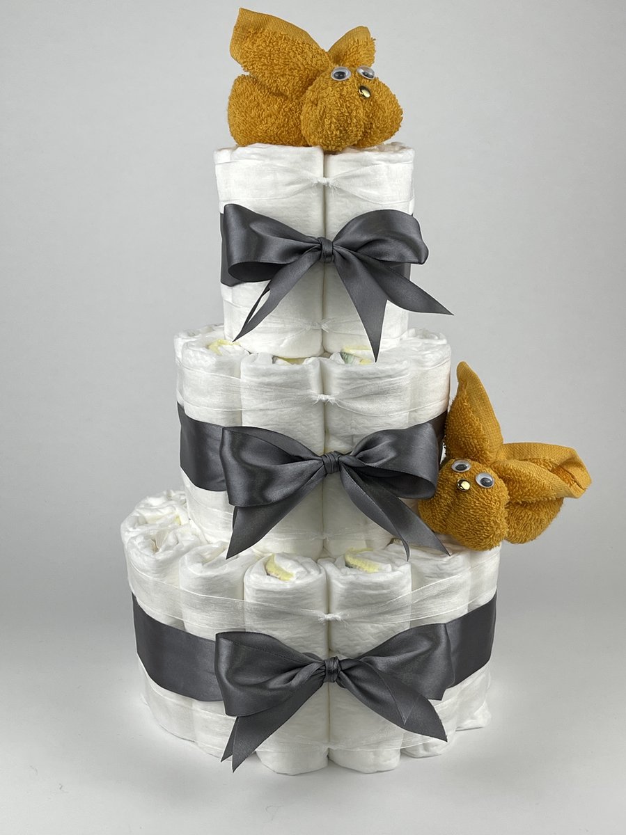 Goedkoopste Chouette-Chouette | Luiertaart Neutraal | Kraamcadeau | Geboorte Jongen Meisje | Babyshower | Konijnen Oker - donker Grijs
