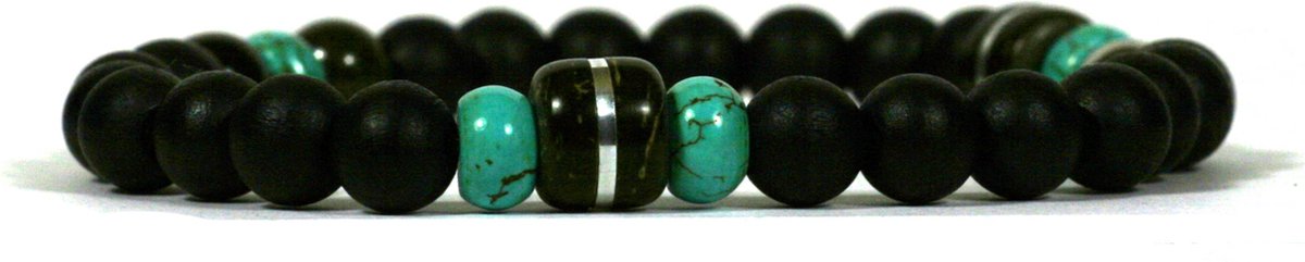 IbizaMen - heren armband - zwart hout 8mm - turkoois - coconut kraal - 21cm