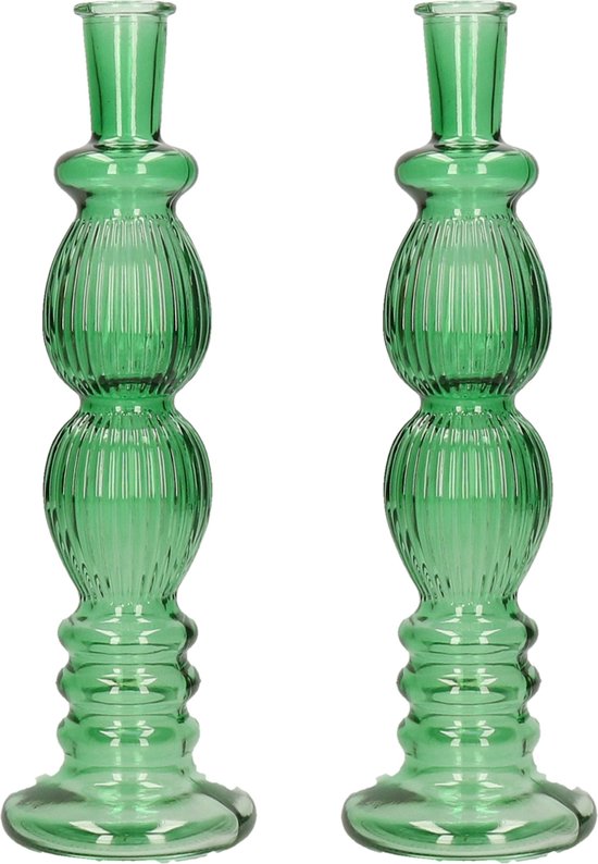 Kaarsen kandelaar Florence - 2x - groen glas - ribbel - D9 x H28 cm