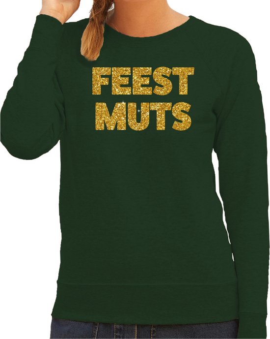 Bellatio Decorations foute kersttrui/sweater dames - feest muts - groen - glitter goud -feestkleding S