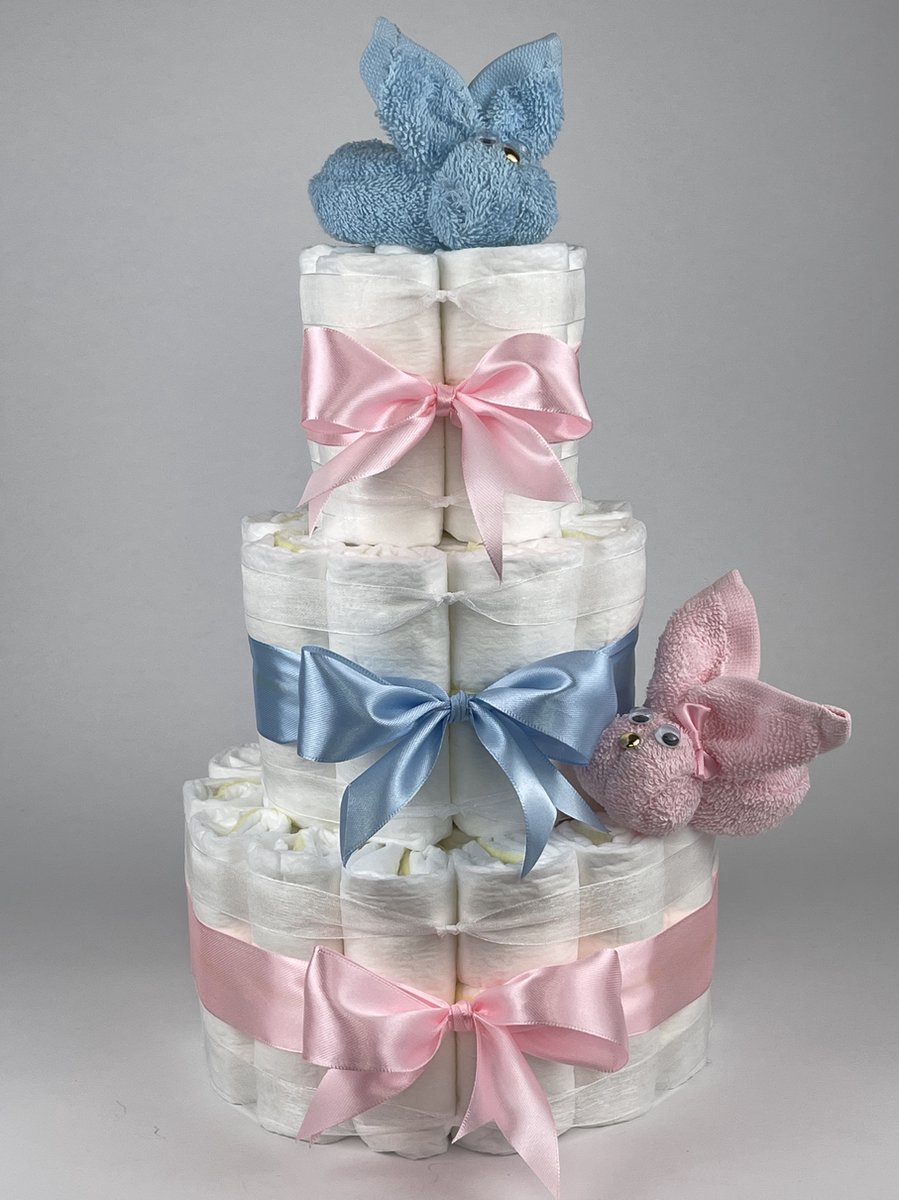 Goedkoopste Chouette-Chouette | Luiertaart Tweeling | Kraamcadeau | Geboorte Jongen Meisje | Babyshower | Konijnen Roze - licht Blauw - Blauw