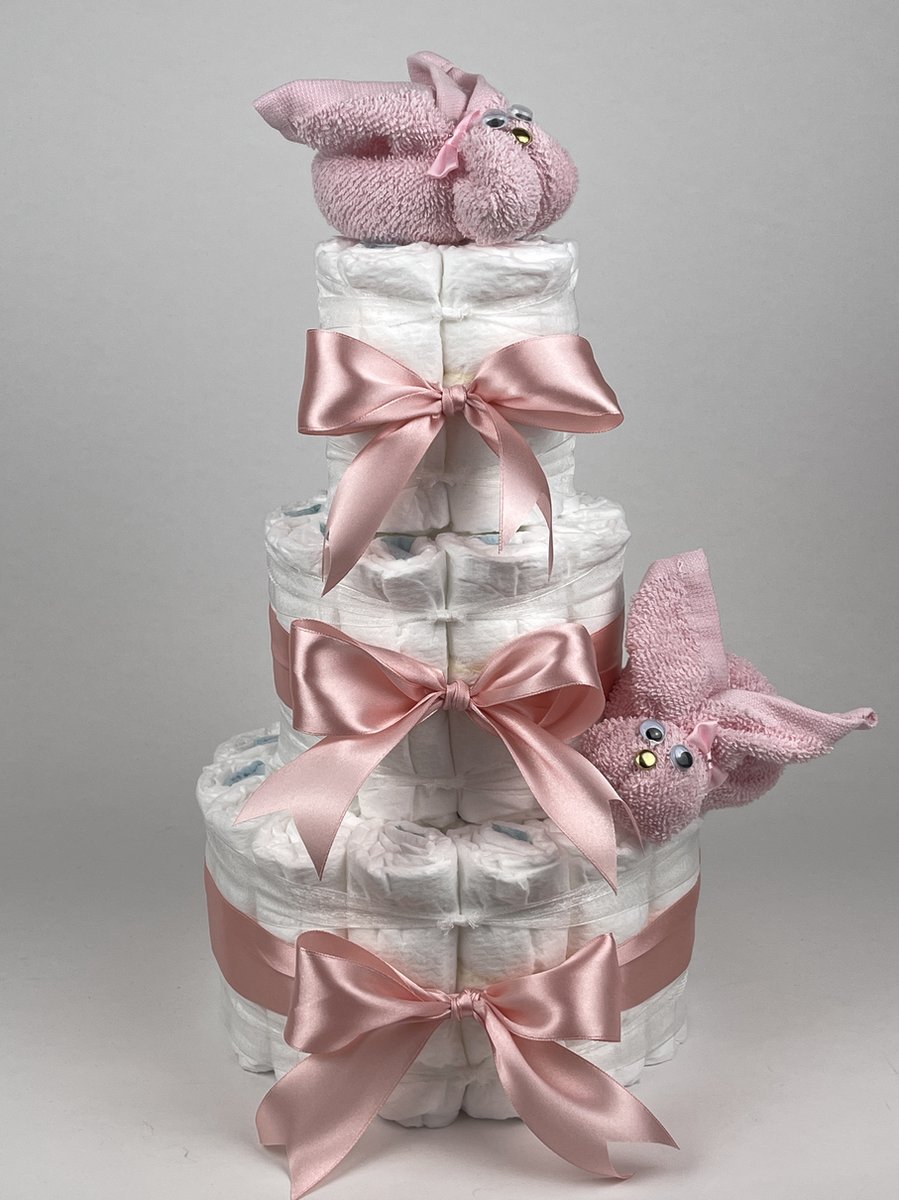 Chouette-Chouette | Luiertaart Meisje | Kraamcadeau | Geboorte Meisje | Babyshower | Konijnen Roze - donker Poeder Roze
