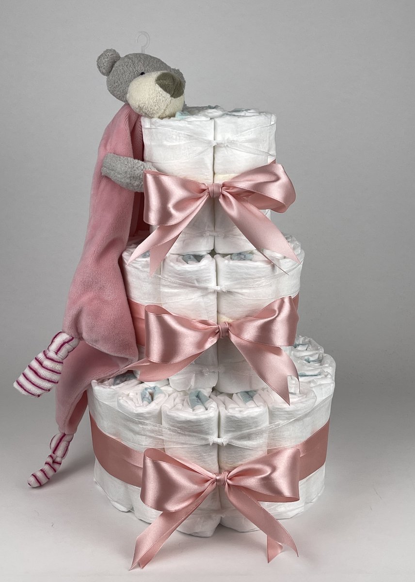 Goedkoopste Chouette-Chouette | Luiertaart Meisje | Kraamcadeau | Geboorte Meisje | Babyshower | Knuffeldoek Beer Roze - donker Poeder Roze