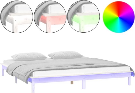 vidaXL-Bedframe-LED-massief-hout-wit-140x190-cm