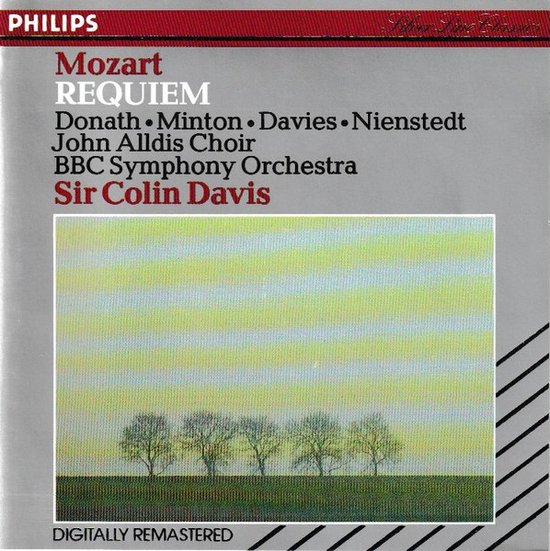 CD-hoes voor Mozarts Requiem, met op de voorgrond bomen en op de achtergrond een wazige hemel. "Mozart Requiem Sir Colin Davis"