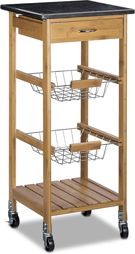 Maximex Keukenwagen met wieltjes 97 x 77 x 37 cm, oprolbare serveerwagen met uitklapbare zijpanelen en uitneembaar dienblad, compacte trolley met werkblad, laden en wijnvak