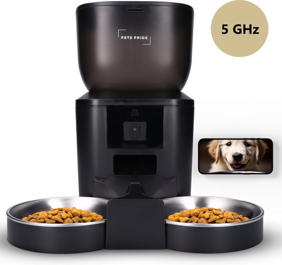 Pets Pride Automatische voerbak kat en hond - Voerautomaat 4L - Dubbele voederbak met Full HD camera - Zwart - 5 GHz