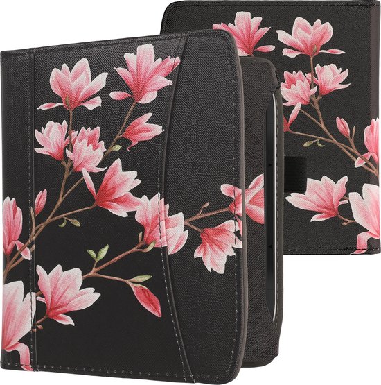 kwmobile flip cover geschikt voor Pocketbook Era / Era Color - Hoes met handgreep en voorvak voor e-reader - Book case in poederroze / wit / zwart - Magnolia design
