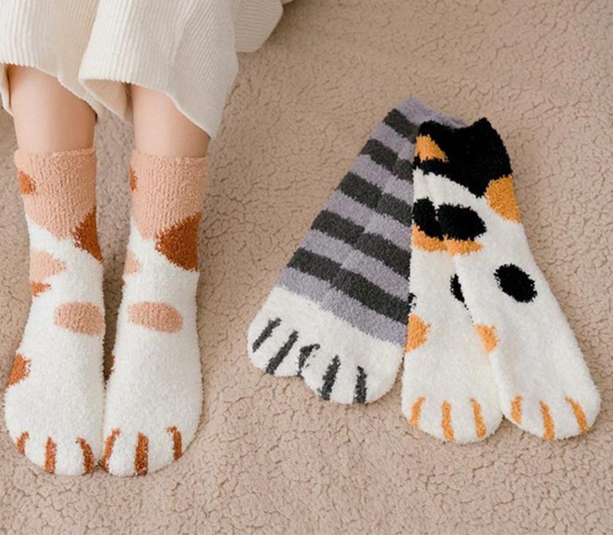 Fluffy dokken dames - 3 paar - huissokken - warme sokken - zwart - grijs - bruin - wit - leuke print kat - gestreept / gestipt - 36-40 - cadeau - voor har