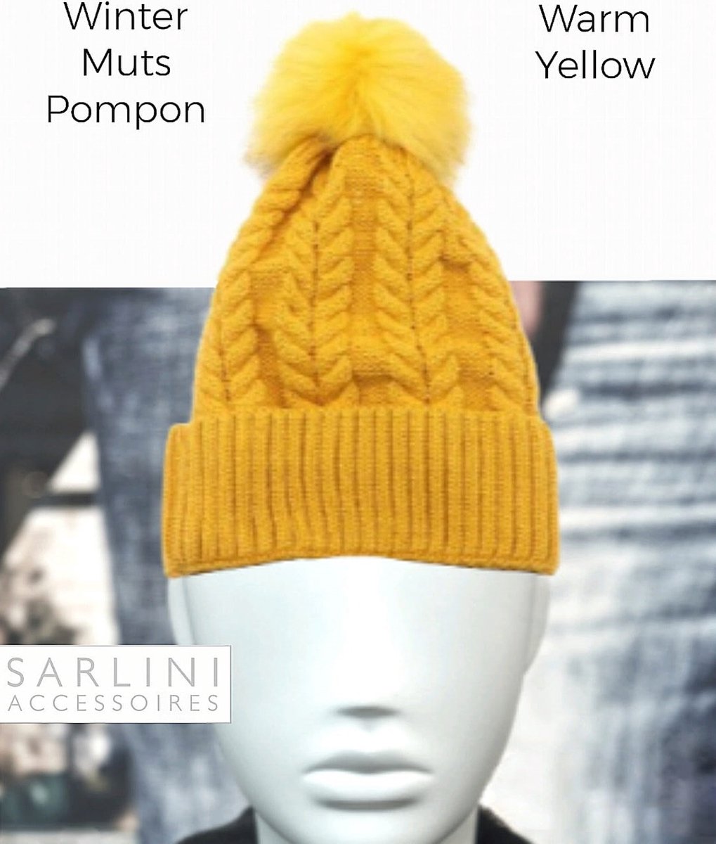 SARLINI accessoires - Winter Beanie / Muts Pompon - Warm Yellow - Polyester Grove Breiwerk - Faux Fur - vrouwen - volwassenen tieners - casual