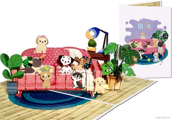 Popcards popupkaarten - Honden liefhebber? Wenskaart met 7 leuke puppy’s hondjes op een gezellige sofa pop-up kaart 3D wenskaart