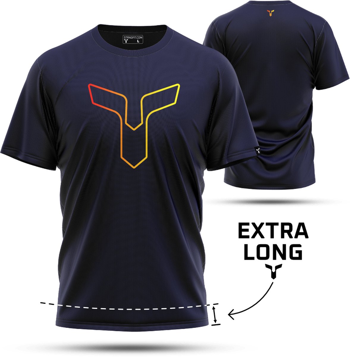 STRNG Hero - Donker Blauw - Maat M - Extra Lang Sport shirt - Sportshirt - Heren - Korte Mouw - Lange Pasvorm