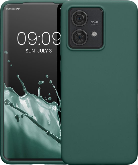 Telefoonhoesje in dennengroen passend voor de Motorola Edge 40 Neo, met gesplitste weergave van voor- en achterkant.