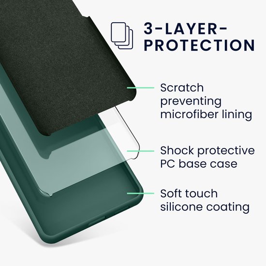 Gedetailleerde weergave van de 3-laagse bescherming van een telefoonhoesje: microvezel, schokabsorberende basis en zachte siliconen coating.
