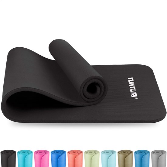 Tunturi NBR Yogamat Anti Slip - Fitness mat Extra dik & zacht - Sportmat - 180x60x1.5cm - Incl Trainingsapp - Zwart