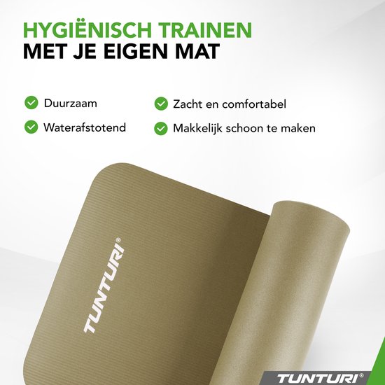 Legergroene Tunturi yogamat, duurzaam en waterafstotend. Rolt op.