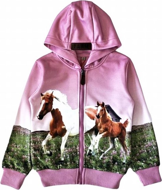 Kinder vest, hoodie, met paarden print, oudroze, maat 92, horses, kind, ZEER MOOI!