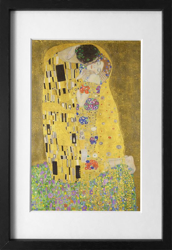 Foto: Kunstcadeau kunst in het klein de kus van gustav klimt ingelijst met fotografische passe partout reproductie 15x20cm