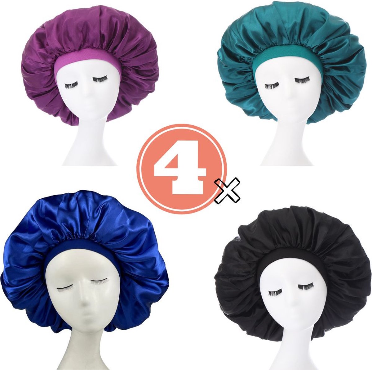 4 x Bonnet Haarnetjes Haarmuts Slaapmuts | Elastisch | Satijn | Haarverzorging | 4 kleuren