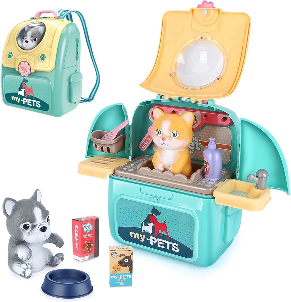 STAY GENT Dierenarts Rollenspel voor kinderen, huisdier verzorging kit speelgoed kinderen artsen set verzorging voeden hond rugzak, pluche puppy hond doen alsof spelen kit leren rugzak geschenken voor