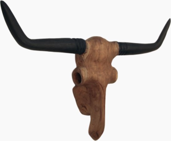 Bronte Wanddecoratie Buffel - 80x10x50 cm - Naturel/Zwart - Teakhout