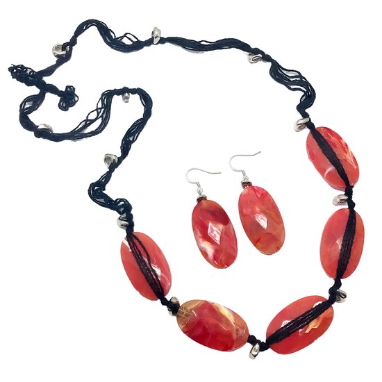 Behave Set - collier et boucles d'oreilles - couleur rouge corail - noir - 2 pièces