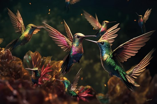 Glasschilderij - kolibries - Colorful birds - 120x80x0.4