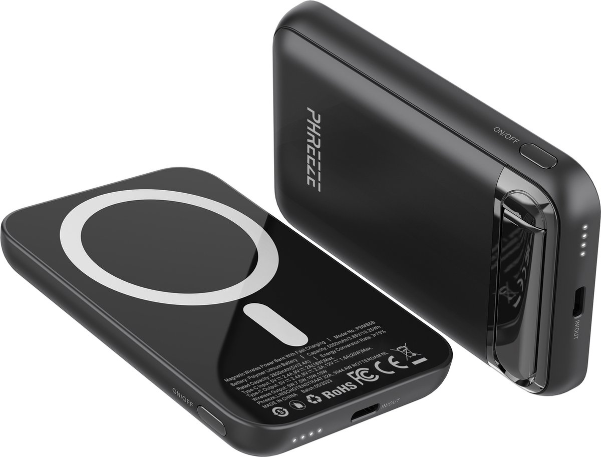 Phreeze MagSafe Powerbank 5000 mAh - Snellader & batterij LED-display - USB C Snellader - Geschikt voor MagSafe - Draadloos Opladen - Powerbank voor iPhone 12 / 13 / 14 / 15 - Zwart