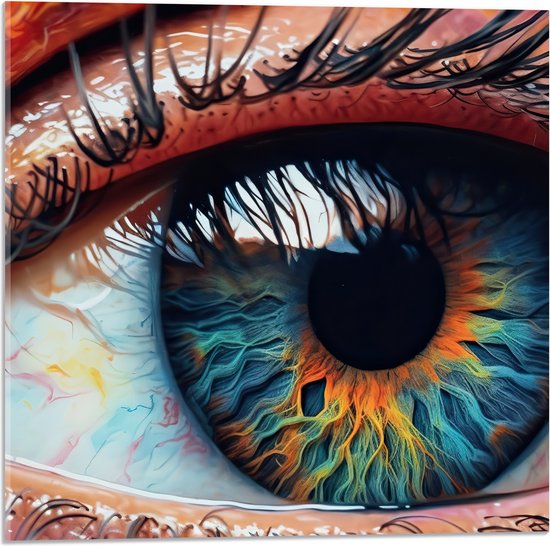 Acrylglas - Oog - Wimpers - Pupil - Mens - Kleuren - 50x50 cm Foto op Acrylglas (Wanddecoratie op Acrylaat)