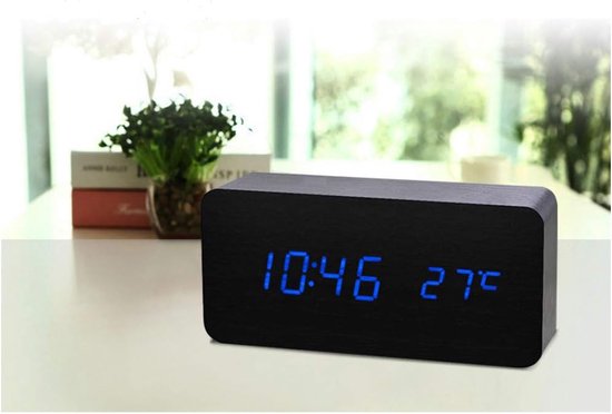 Horloge numérique Commande vocale 3 alarmes USB alimentée par Set Horloge en bois à la mode avec affichage de l'heure de la température pour horloge de bureau à domicile AC11 Noir_Bleu