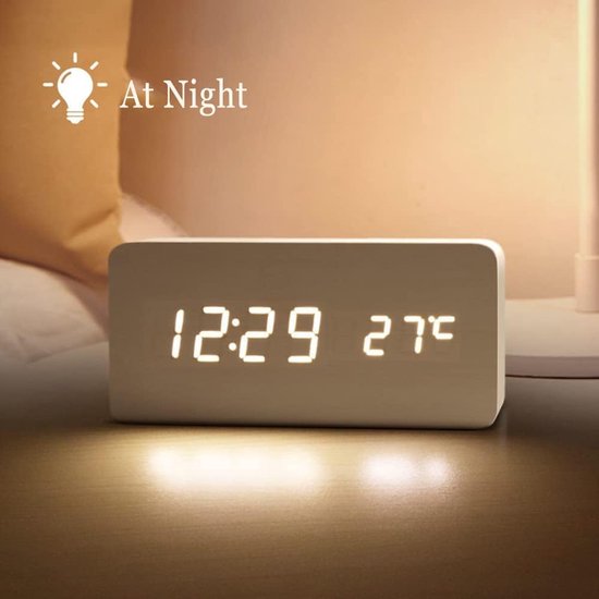 Horloge Digital 3 Set d'alarme et de commande vocale, luminosité réglable , Wekker en bois avec affichage de la température pour la maison, la cuisine, le bureau, horloge de bureau AC11 Jaune_Blanc