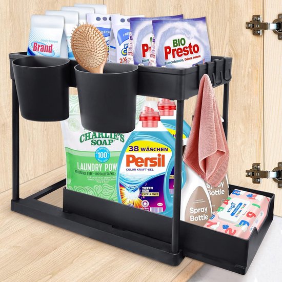 PUILUO 2 Set Onder Gootsteen Kast Organizer Opslag Onder Kast Badkamer Onder Wastafel Organisatoren Zwart PUILUO 2 Set Onder Gootsteen Kast Organizer Opslag Onder Kast Badkamer Onder Wastafel Organisatoren Zwart