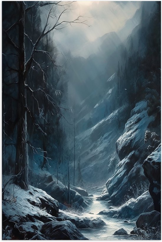 Poster Glanzend – Water - Sneeuw - Bomen - Bergen - Donker - 60x90 cm Foto op Posterpapier met Glanzende Afwerking