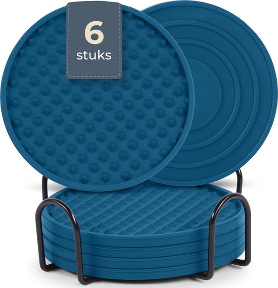 Castagnola Sous-verres de Verre – Sous-verres de Verres – Dessous de Verre en Siliconen – Sous-verres de Verre de Luxe en Siliconen avec Sous-verres – 6 pièces – Blauw – Rond