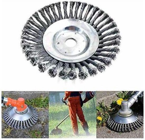 Stalen onkruidborstel van 15,24 cm voor bosmaaier, met montageplaat. Afbeeldingen tonen gebruik op tegels en gras.