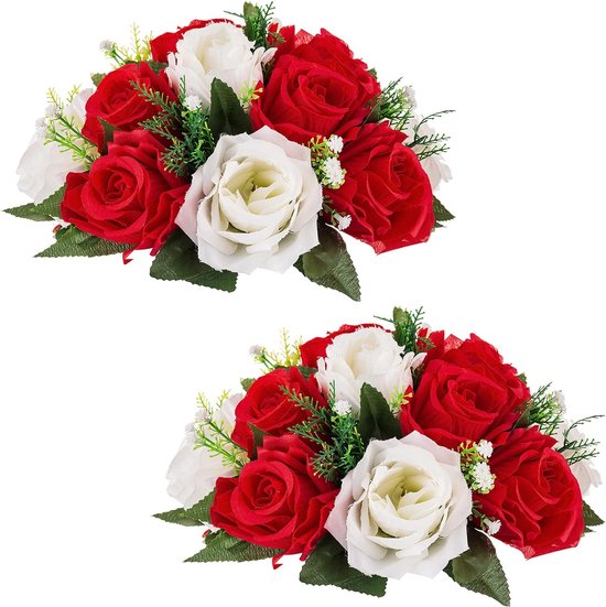 Set van 2 kunstboeketten, 15 koppen kunststof rozen met basis, geschikt voor ons bedrijf, bruiloft, middelpunt, bloemenplank voor feesten, Valentijnsdagdecoratie (rood/wit)