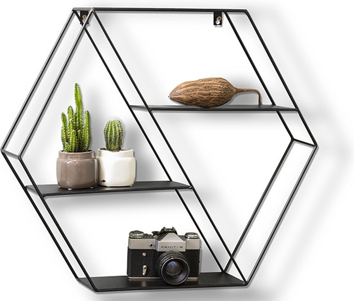 LIFA LIVING Wandrek Marbella - Wandplank Industrieel - Metaal - 4 Lagen - Zeshoekig Kruidenrek - Zwart - Voor Keuken, Slaapkamer, Woonkamer - 58 x 51 x 11 cm