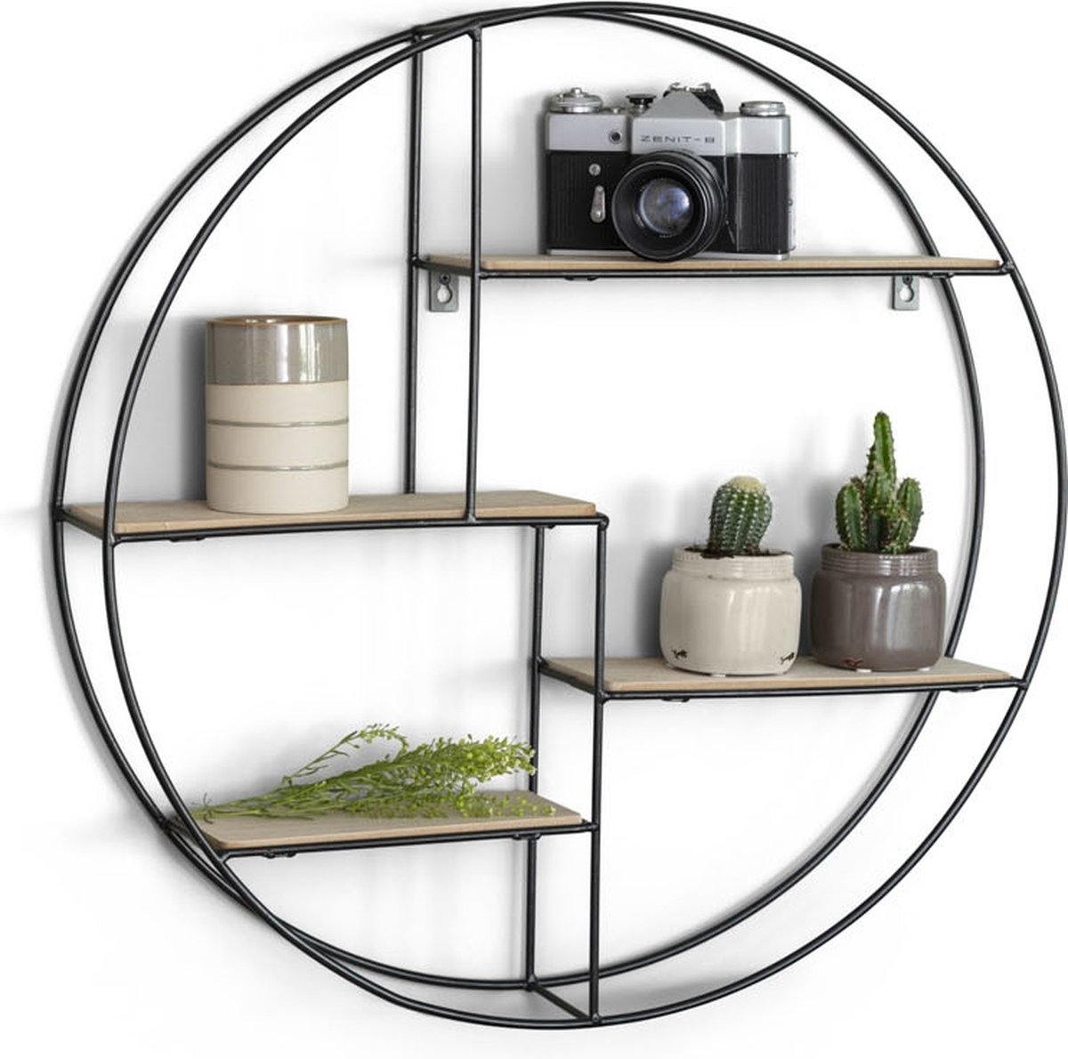 LIFA LIVING Wandrek Ronda - Wandplank Industrieel - Metaal en MDF Hout - 4 Planken - Rond Kruidenrek - Zwart - Voor Keuken, Slaapkamer, Woonkamer - 55 x 11 x 55 cm