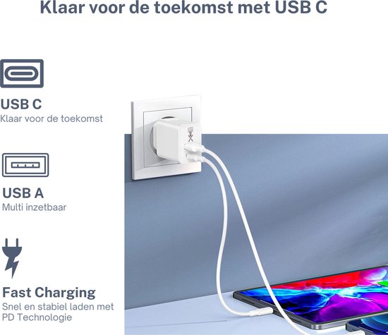 USB C Adapter - Oplader - Snellader Stekker Geschikt Voor Apple iPhone 15 & Samsung smartphones - Wit- inclusief oplader kabel 1 meter USB-C - Dutch Quality