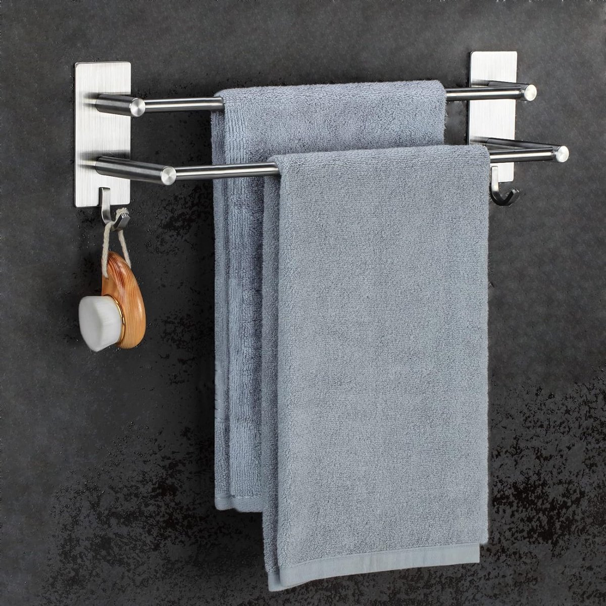 Towel Rail No Drilling Bathroom Towel Rail Brushed Stainless Steel Self-Adhesive Bath Towel Holder Double with 2 Towel Hooks Wall Mounted for Bathroom Kitchen