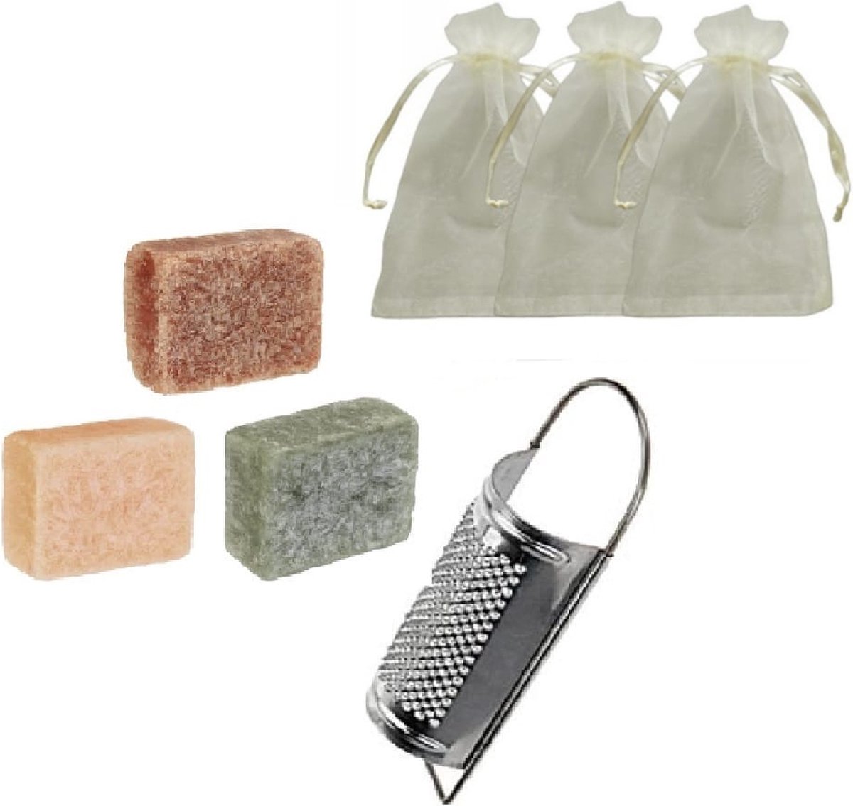 Youhomy Geurblokjes set met organza zakjes & mini rasp - 3 heerlijke geurenblokje - AMBER-WHITE MUST-PACHAULI| woonkamer| kledingkast| Cadeauset