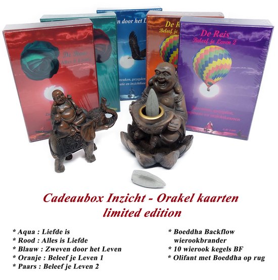 ACTIE Colorbox 5x verschillende Inzichtkaarten Limited Edition - Orakelkaarten - inspiratiekaarten - A. de Laar - Boeddha BF Wierookbrander en Boeddha olifant