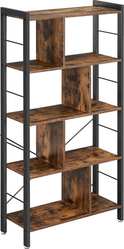 boekenkast, boekenplank met 4 niveaus, vrijstaande plank, boekenkast, kantoorplank, industrieel ontwerp, voor woonkamer, kantoor, studeerkamer, groot, metalen frame, vintage bruin-zwart LBC12BX