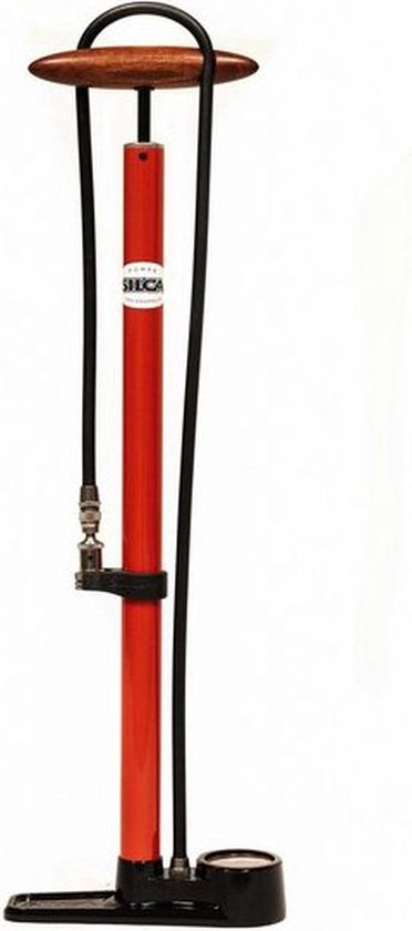 Een rode Silca vloerpomp met een zwarte slang, houten handvat en een drukmeter.