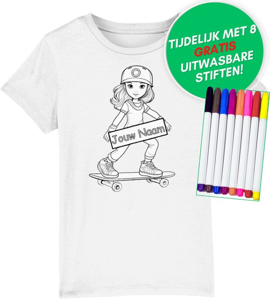 Inkleurbaar t-shirt kinderen – skater meisje - kinderspeelgoed – 3 tot 8 jaar - eigen naam – gepersonaliseerd – kleuren – viltstiften voor kinderen – t-shirt