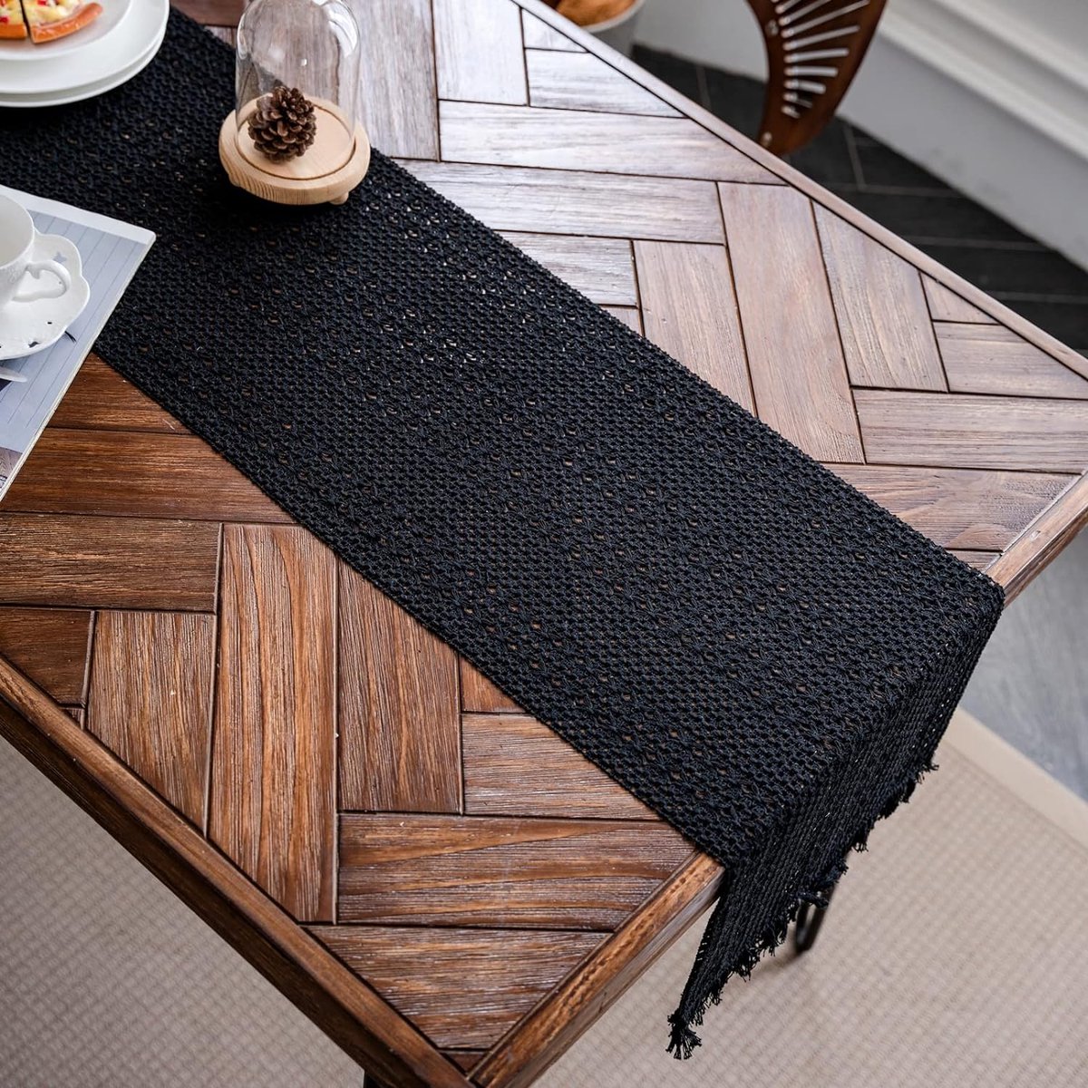Macramé Tafelloper, boho, katoen/vlas, tafelloper met kwastjes, 30 x 180 cm, rechthoekig, gehaakt kant, mesh, tafelkleed voor keuken, vintage, boerderij, bohemien, bruiloft, tafeldecoratie,