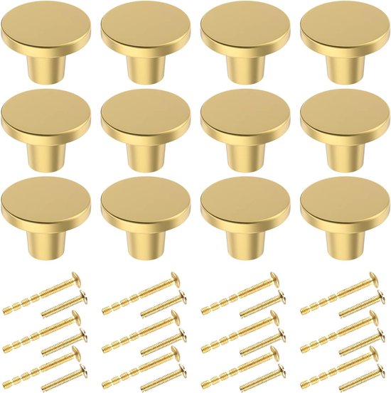 Round Cabinet Knobs, Pack of 12 Gold Furniture Knobs, 25 mm Brass Cabinet Handles with Screws for Wardrobe, Dresser, Drawers