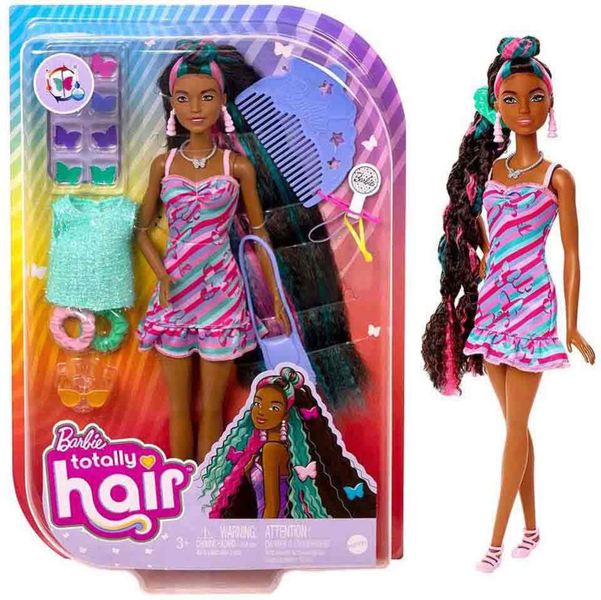 Barbie Totally Hair Doll - Bruin roze blauw - Pop